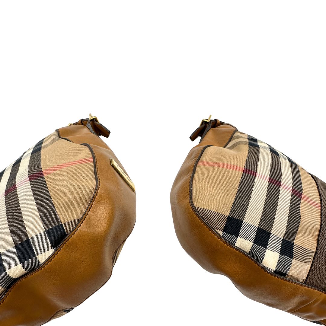 Capiente shopper Burberry in canvas beige con classica trama tartan e finiture in pelle tono su tono, di lusso, originale, ottime condizioni, usata