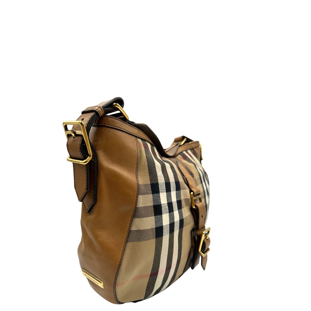 lato Capiente shopper Burberry in canvas beige con classica trama tartan e finiture in pelle tono su tono, di lusso, originale, ottime condizioni, usata 