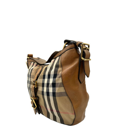 lato Capiente shopper Burberry in canvas beige con classica trama tartan e finiture in pelle tono su tono, di lusso, originale, ottime condizioni, usata 