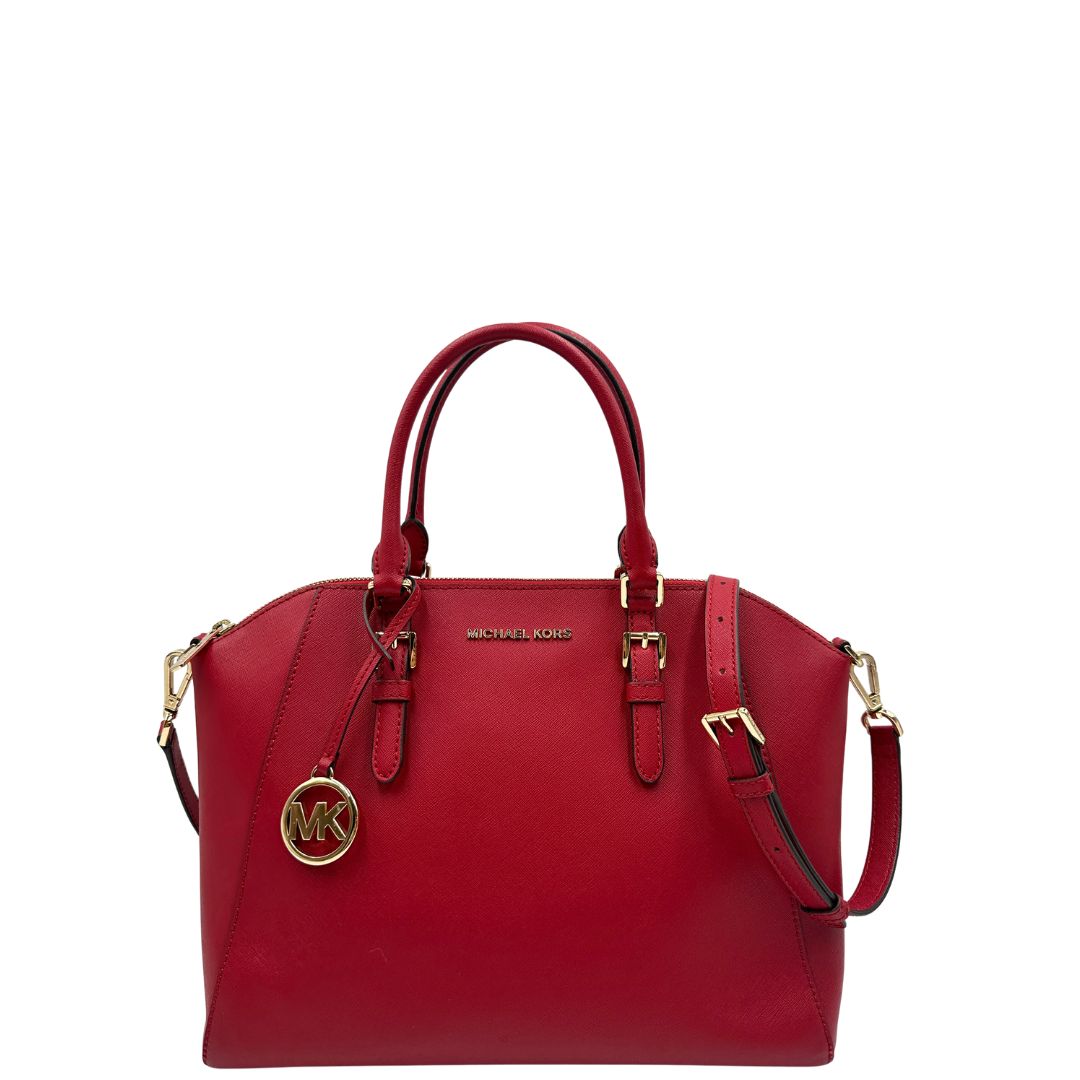Front, Borsa MK in pelle saffiano rossa con hardware dorato. Indossabile a mano oppure a tracolla. Originale, usata, di lusso, in ottime condizioni.