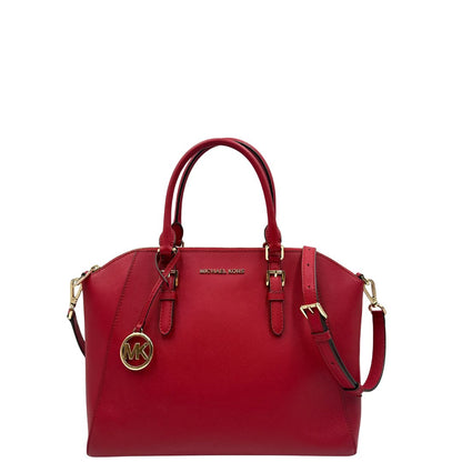 Front, Borsa MK in pelle saffiano rossa con hardware dorato. Indossabile a mano oppure a tracolla. Originale, usata, di lusso, in ottime condizioni.