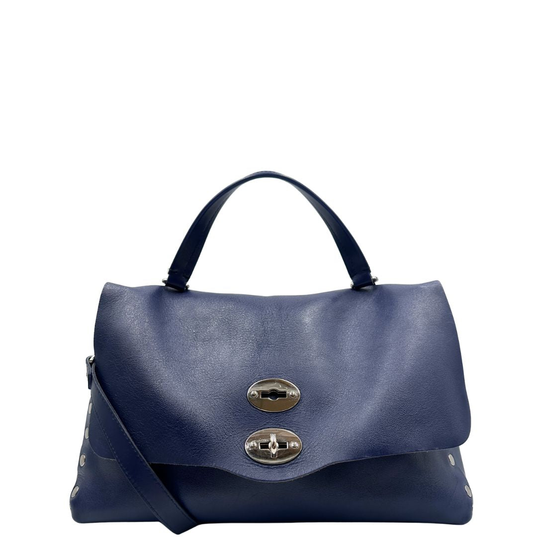 front Postina M Zanellato in pelle blu, munita di una tracolla amovibile e regolabile e un manico singolo, di lusso, originale, ottime condizioni 