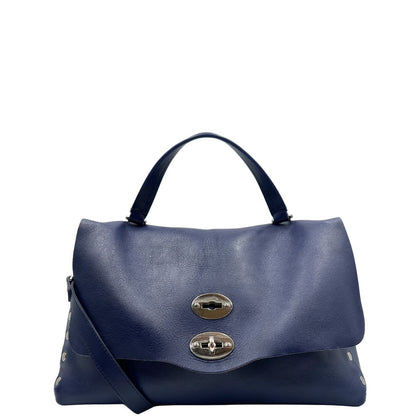front Postina M Zanellato in pelle blu, munita di una tracolla amovibile e regolabile e un manico singolo, di lusso, originale, ottime condizioni 