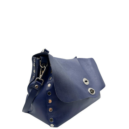lato Postina M Zanellato in pelle blu, munita di una tracolla amovibile e regolabile e un manico singolo, di lusso, originale, ottime condizioni 