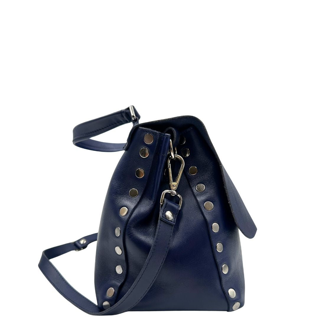 lato Postina M Zanellato in pelle blu, munita di una tracolla amovibile e regolabile e un manico singolo, di lusso, originale, ottime condizioni 