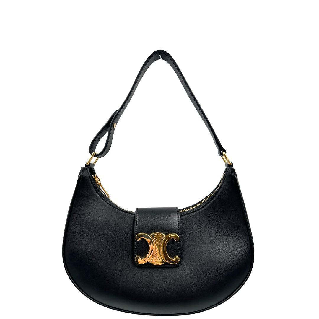 front Borsa Celine Ava Triomphe nella misura media, dalla silhouette a mezza luna, caratterizzata da una firma Triomphe iconica espressione della renaissance Celine, di lusso, originale, eccellenti condizioni 