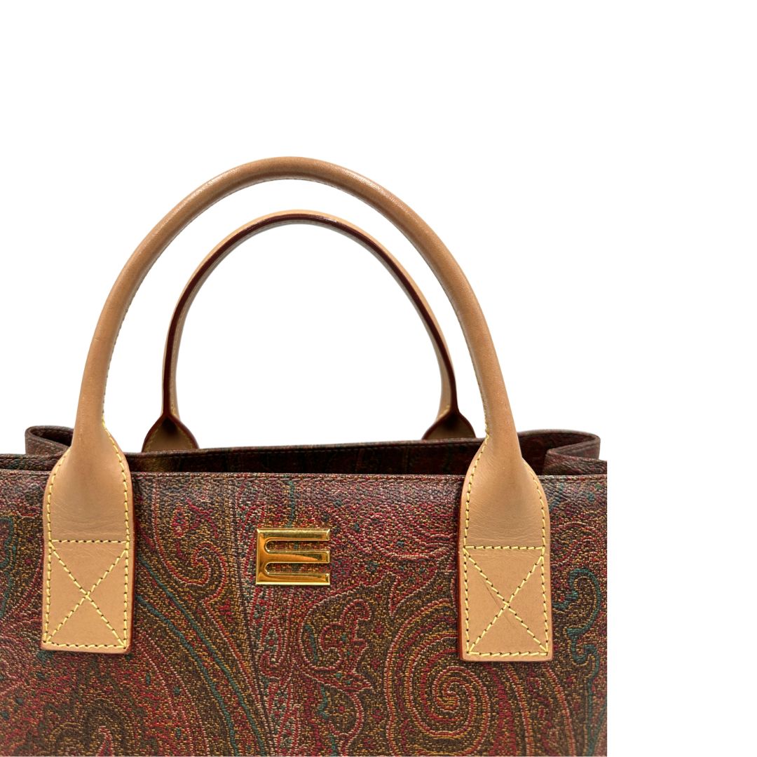 manici Borsa Etro in canvas trama Paisley multicolore e finiture in pelle, di lusso, originale, ottime condizioni, usata 