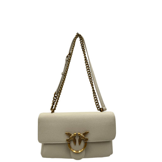 Front, Borsa Pinko nella versione mini in pelle martellata bianco avorio e hardware dorato, indossabile a tracolla o a spalla. Originale, usata, di lusso, in ottime condizioni.