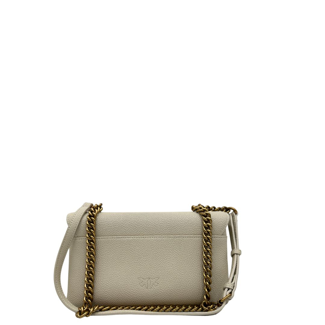 Retro, Borsa Pinko nella versione mini in pelle martellata bianco avorio e hardware dorato, indossabile a tracolla o a spalla. Originale, usata, di lusso, in ottime condizioni.