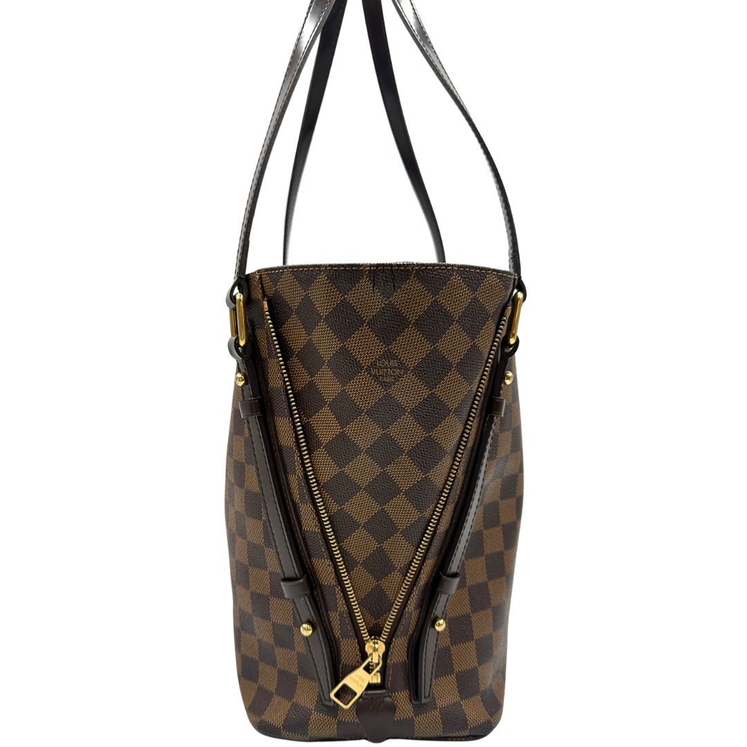 lato  Borsa LV in canvas Damier Ébène e hardware dorato, indossabile a spalla, di lusso, usata, originale 