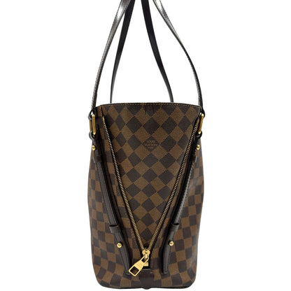 lato  Borsa LV in canvas Damier Ébène e hardware dorato, indossabile a spalla, di lusso, usata, originale 