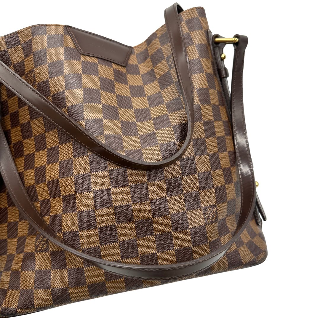angoli  Borsa LV in canvas Damier Ébène e hardware dorato, indossabile a spalla, di lusso, usata, originale