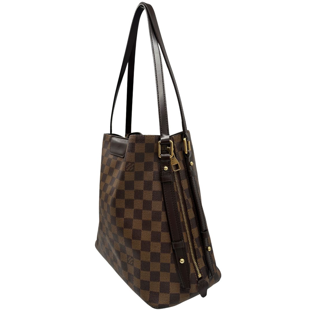 lato  Borsa LV in canvas Damier Ébène e hardware dorato, indossabile a spalla, di lusso, usata, originale 