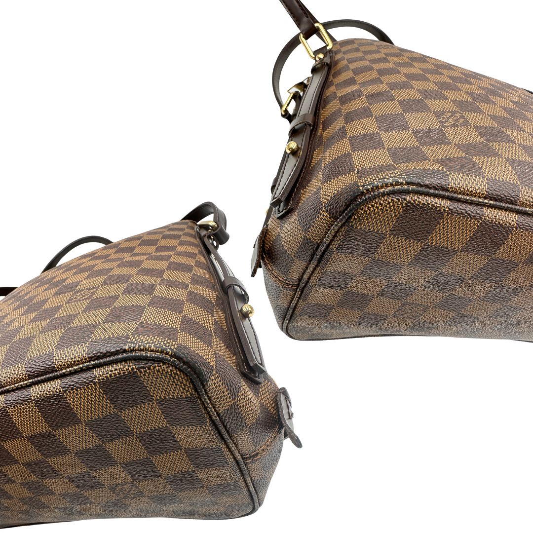 angoli  Borsa LV in canvas Damier Ébène e hardware dorato, indossabile a spalla, di lusso, usata, originale 