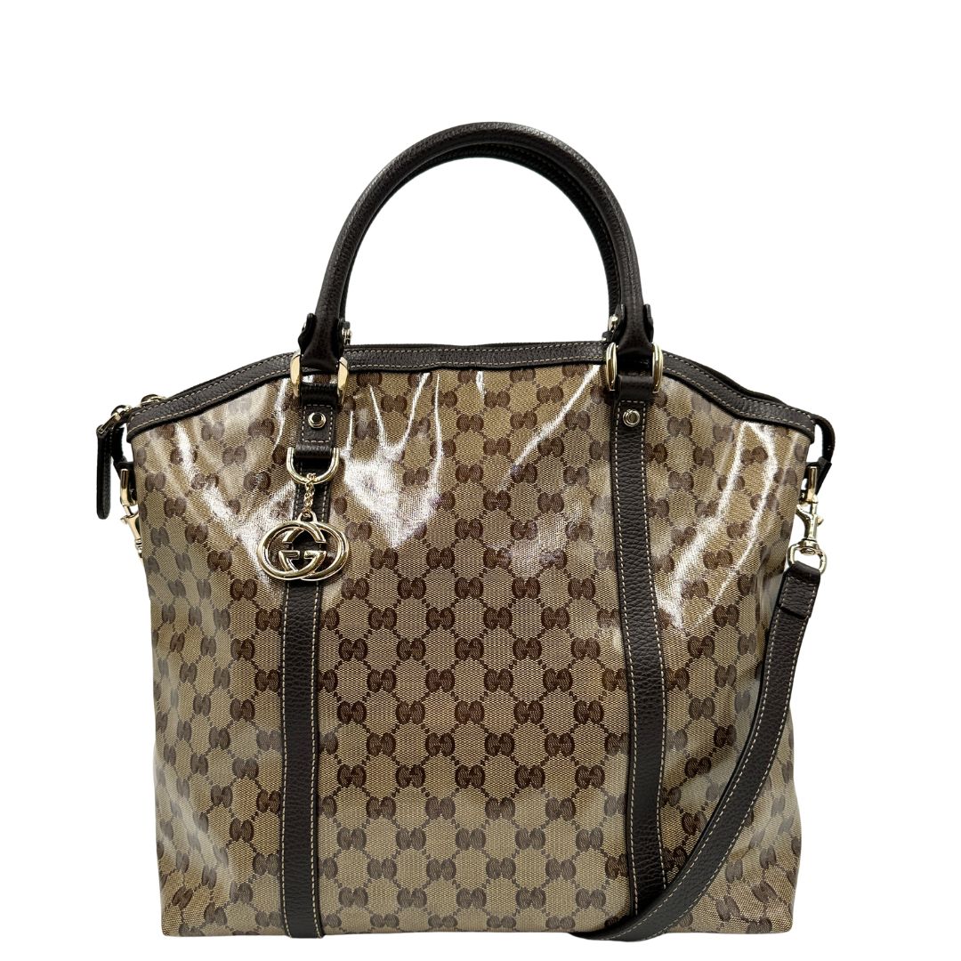 front Borsa Gucci Tote Crystal in tela cerata lucida GG  