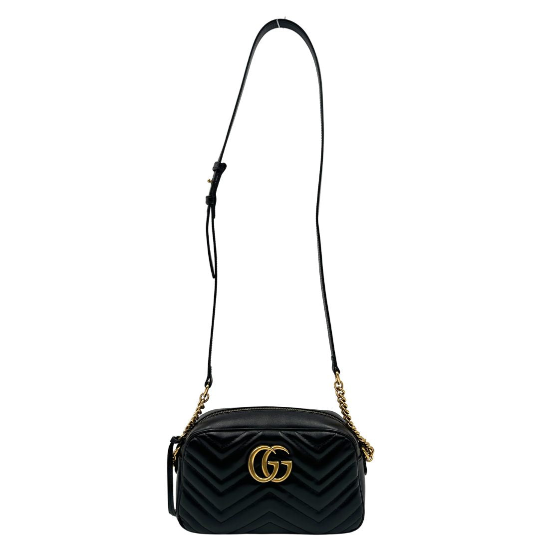 front Borsa Gucci Camera Bag Marmont misura piccola in pelle nera, di lusso, originale, eccellenti condizioni, usata 
