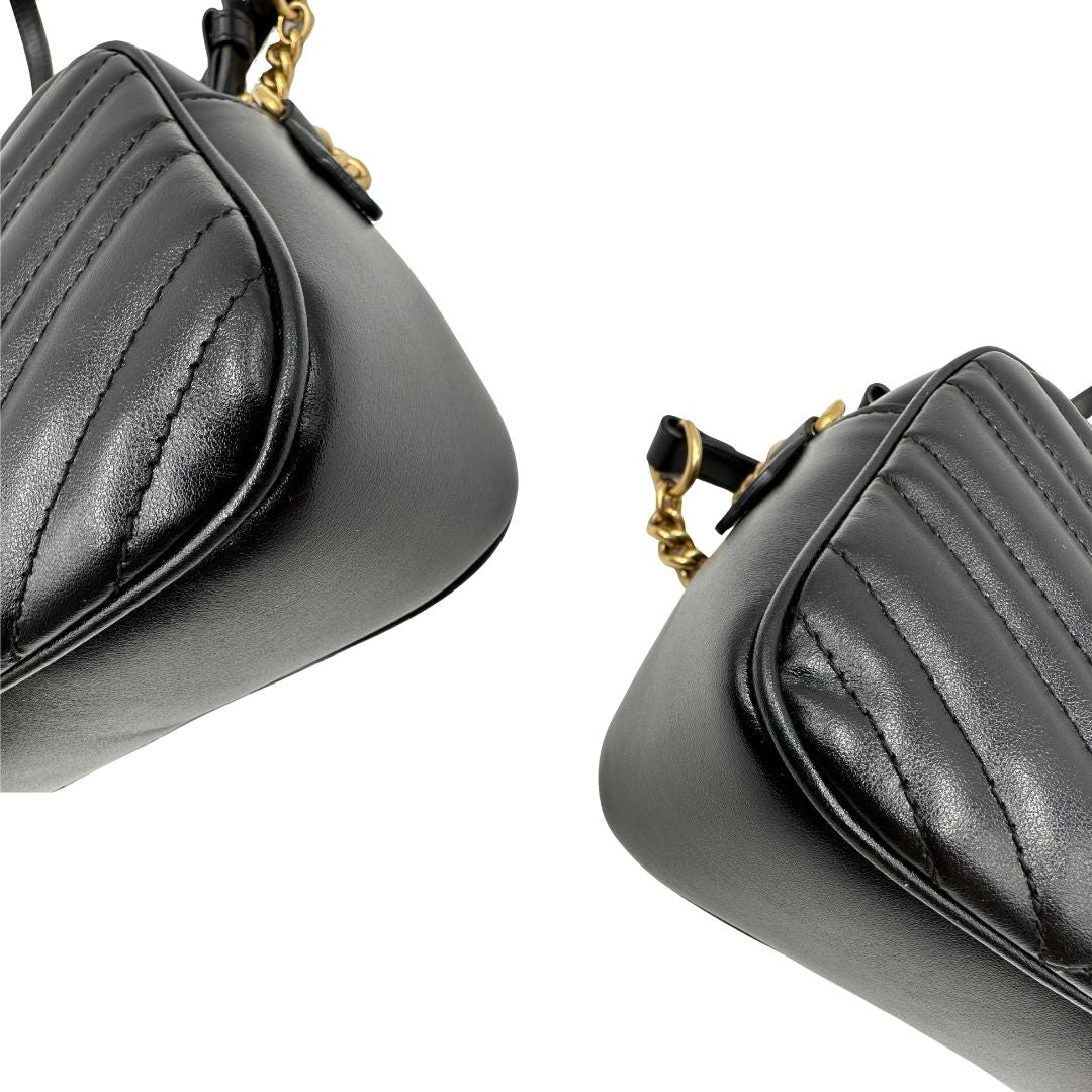 angoli Borsa Gucci Camera Bag Marmont misura piccola in pelle nera, di lusso, originale, eccellenti condizioni, usata 