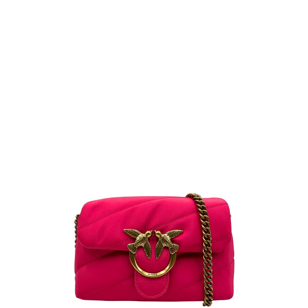 front Borsa Pinko in tessuto riciclato fucsia con hardware dorato, di lusso, originale, eccellenti condizioni, usata 