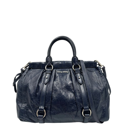 Front, Borsa Miu Miu Satchel realizzata in pelle blu con hardware argentato. Originale, usata, di lusso, in ottime condizioni.
