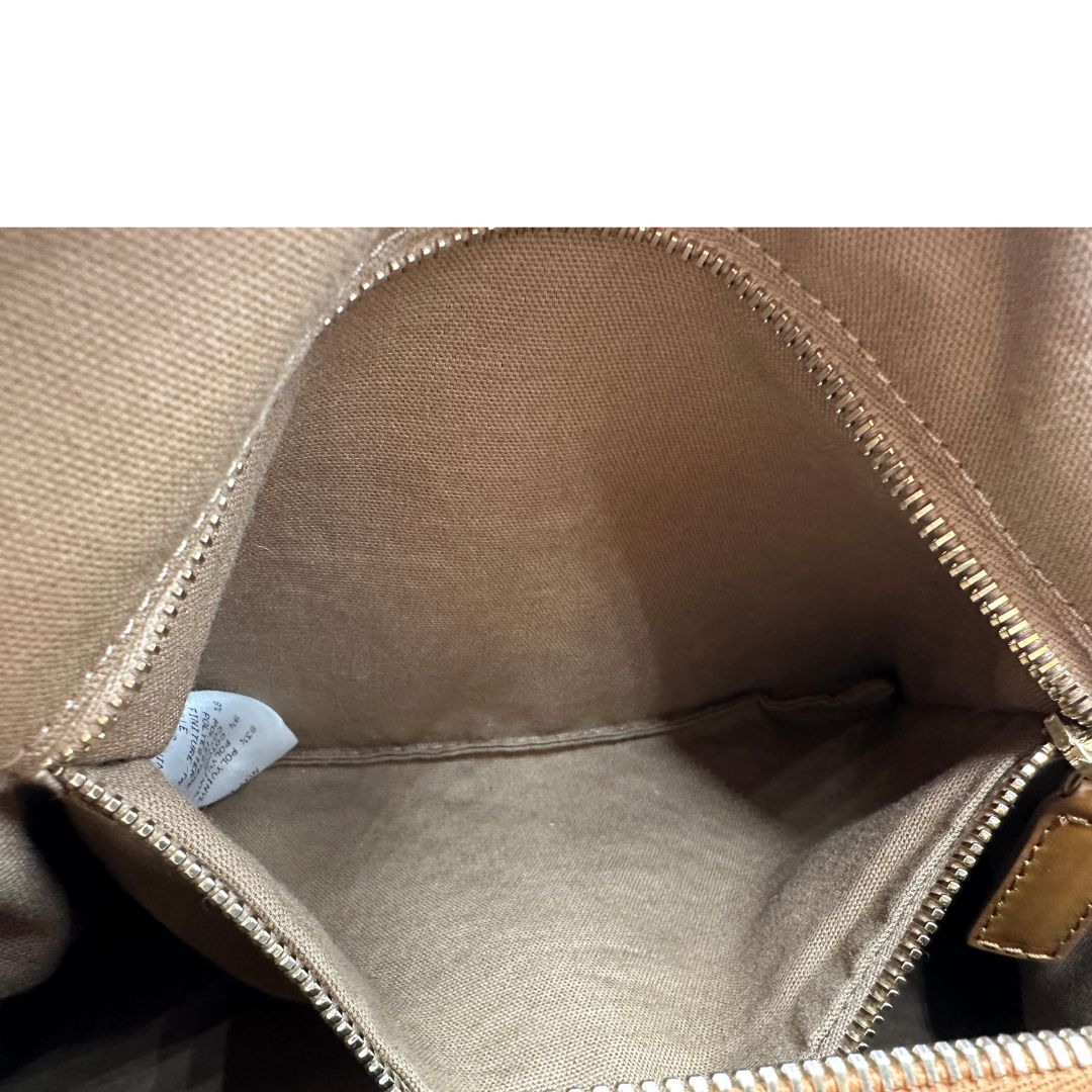 interno  Borsa Borbonese in canvas trama occhio di pernice con finiture in pelle marrone, di lusso, originale,  ottime condizioni, usata 