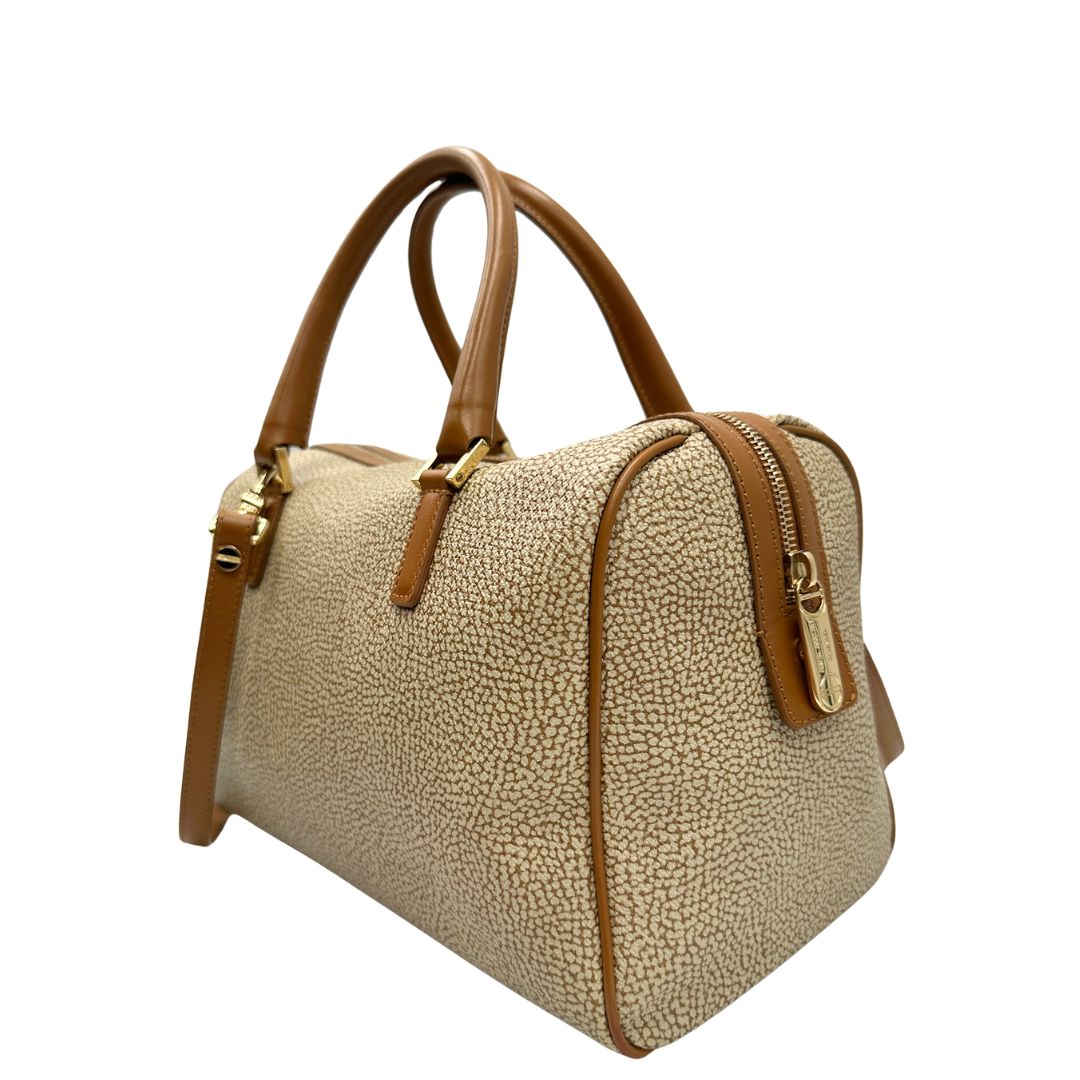 lato  Borsa Borbonese in canvas trama occhio di pernice con finiture in pelle marrone, di lusso, originale,  ottime condizioni, usata 