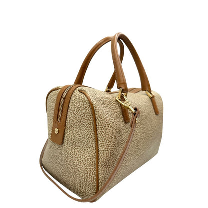 lato  Borsa Borbonese in canvas trama occhio di pernice con finiture in pelle marrone, di lusso, originale,  ottime condizioni, usata 