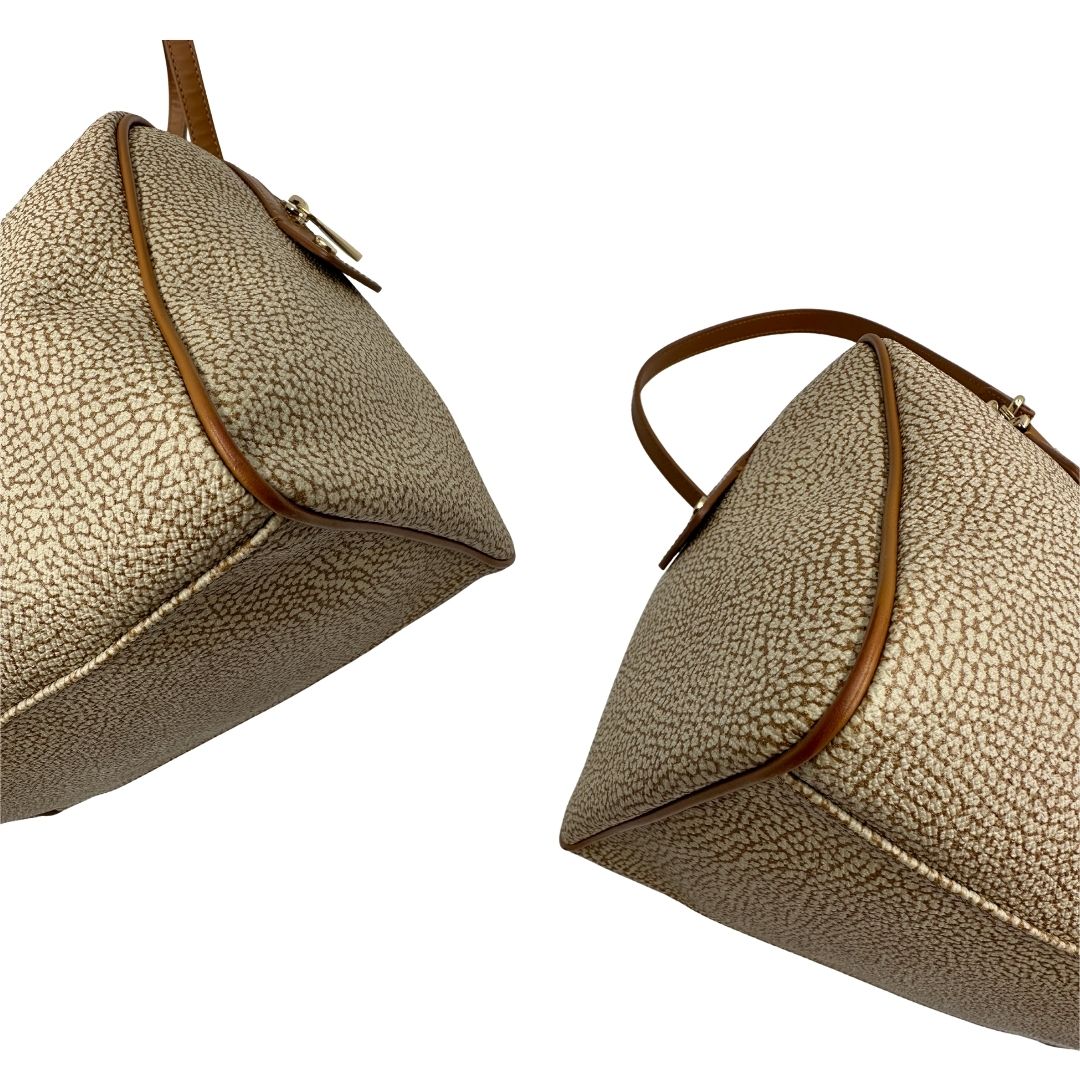 angoli  Borsa Borbonese in canvas trama occhio di pernice con finiture in pelle marrone, di lusso, originale,  ottime condizioni, usata 
