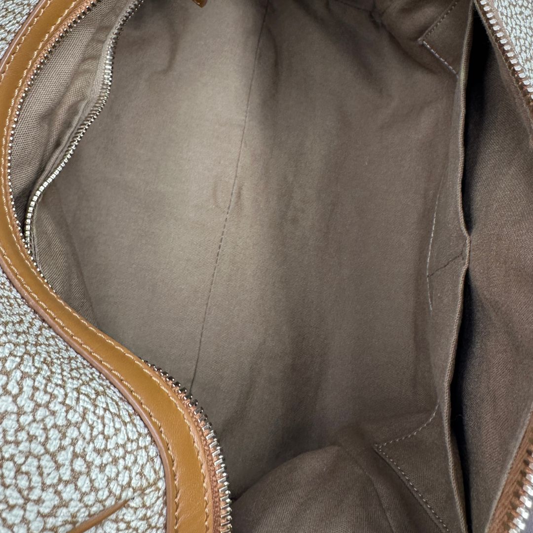 interno  Borsa Borbonese in canvas trama occhio di pernice con finiture in pelle marrone, di lusso, originale,  ottime condizioni, usata 