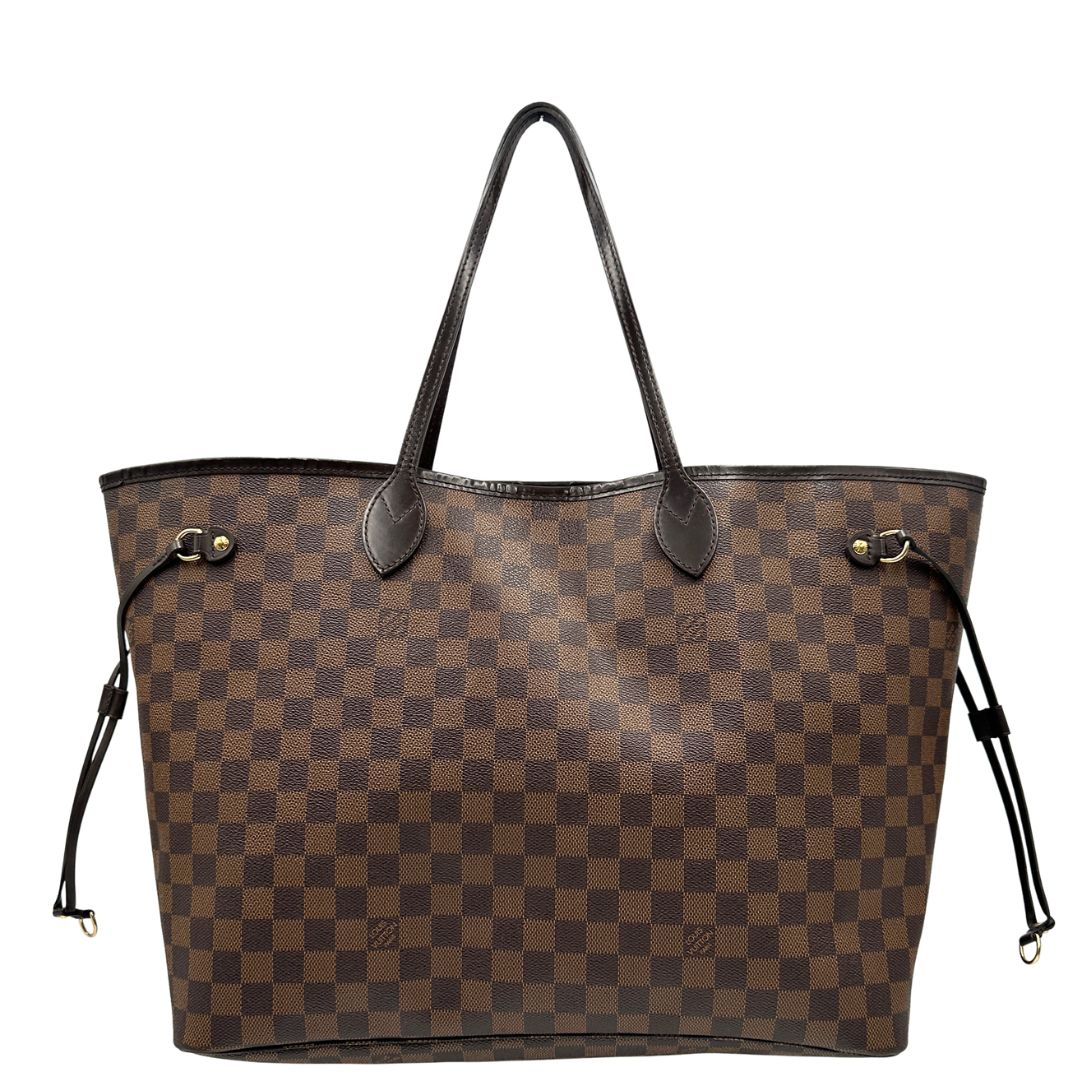 Front,  Borsa Louis Vuitton Neverfull GM in canvas Damier Ébène con finiture in pelle marroni testa di moro e parti metalliche dorate; munita di doppi manici, indossabile a spalla. Originale usata, di lusso, in ottime condizioni.