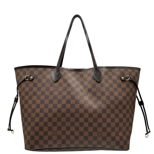 Front,  Borsa Louis Vuitton Neverfull GM in canvas Damier Ébène con finiture in pelle marroni testa di moro e parti metalliche dorate; munita di doppi manici, indossabile a spalla. Originale usata, di lusso, in ottime condizioni.