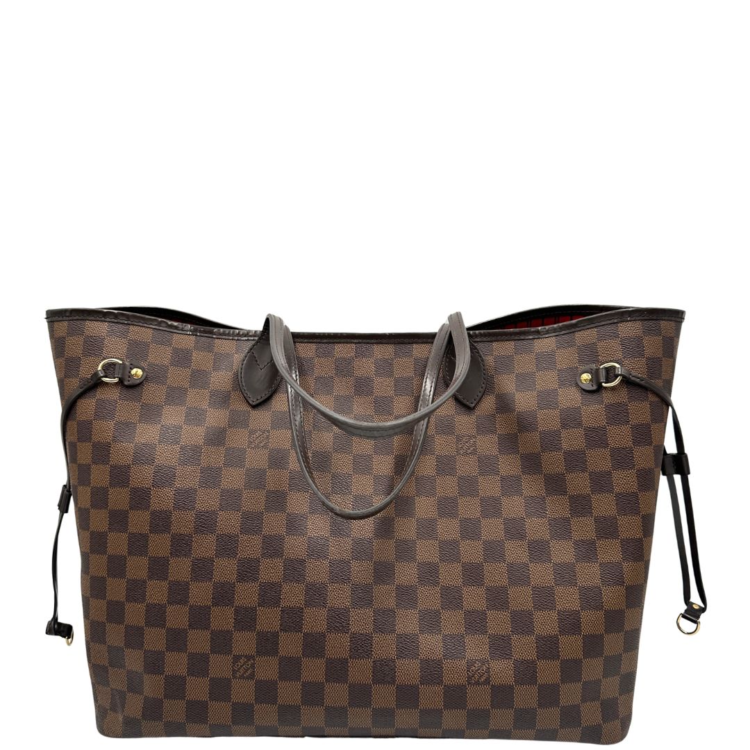 Retro, Borsa Louis Vuitton Neverfull GM in canvas Damier Ébène con finiture in pelle marroni testa di moro e parti metalliche dorate; munita di doppi manici, indossabile a spalla. Originale usata, di lusso, in ottime condizioni.