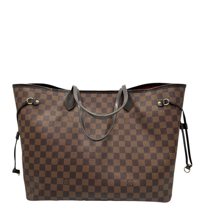 Retro, Borsa Louis Vuitton Neverfull GM in canvas Damier Ébène con finiture in pelle marroni testa di moro e parti metalliche dorate; munita di doppi manici, indossabile a spalla. Originale usata, di lusso, in ottime condizioni.
