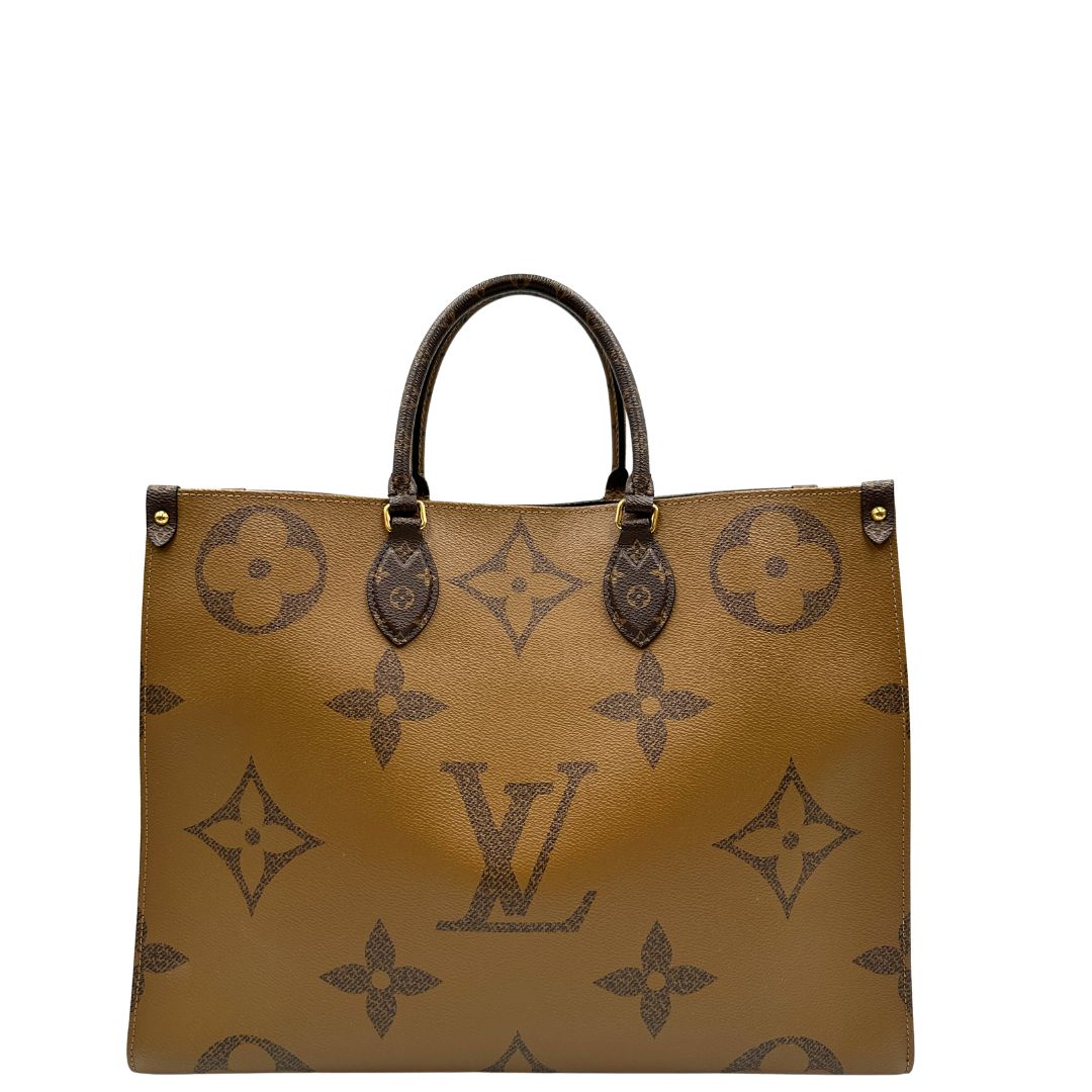 Retro, Borsa LV OnTheGo nella versione GM in canvas marrone monogram Giant e monogram Reverse. Originale, usata, di lusso, in ottime condizioni.