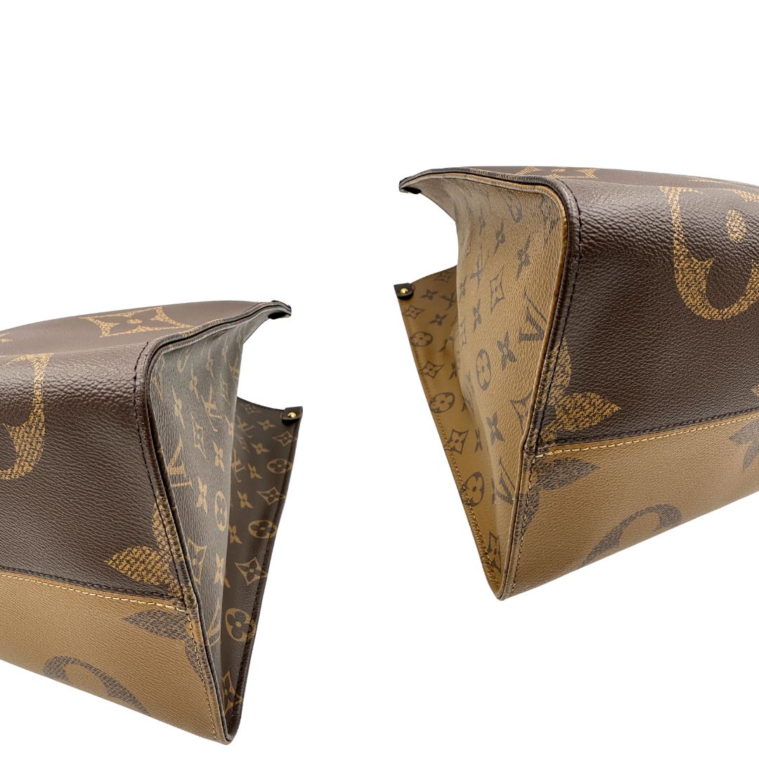 Angoli, Borsa LV OnTheGo nella versione GM in canvas marrone monogram Giant e monogram Reverse. Originale, usata, di lusso, in ottime condizioni.