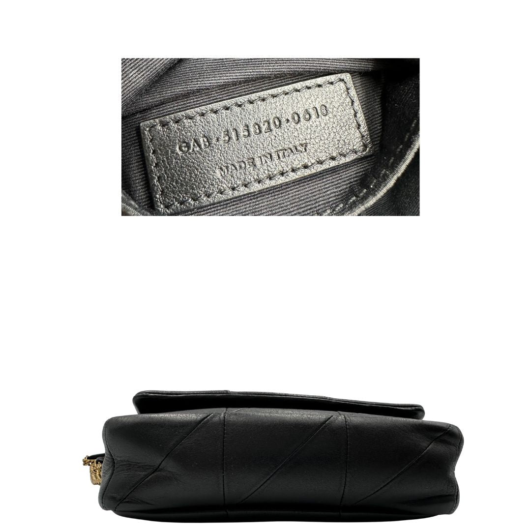 Base, e codice Borsa Saint Laurent in morbida nappa nera, caratterizzata dall'iconico monogramma YSL dorato e da un'impuntura geometrica trapuntata. Da indossare a spalla o a tracolla.