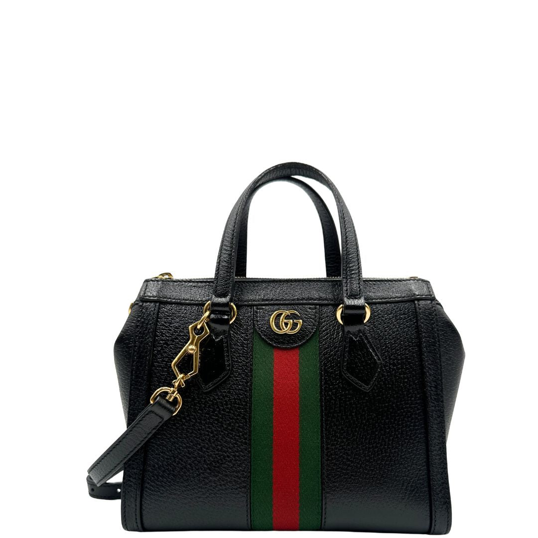 front Borsa Gucci in pelle nera impreziosita da iconica striscia Web verde e rossa, di lusso, originale, ottime condizioni, usata 