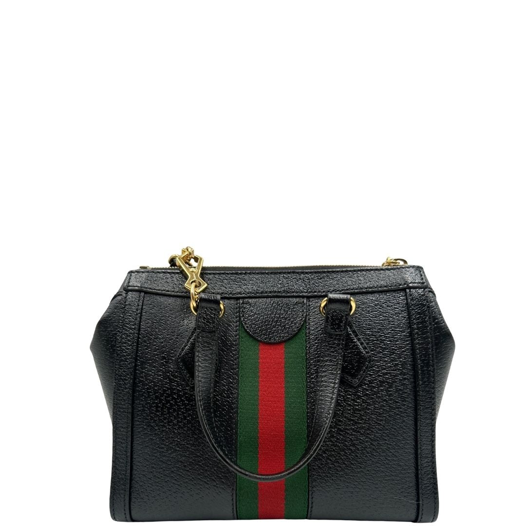 retro della Borsa Gucci in pelle nera impreziosita da iconica striscia Web verde e rossa, di lusso, originale, ottime condizioni, usata 