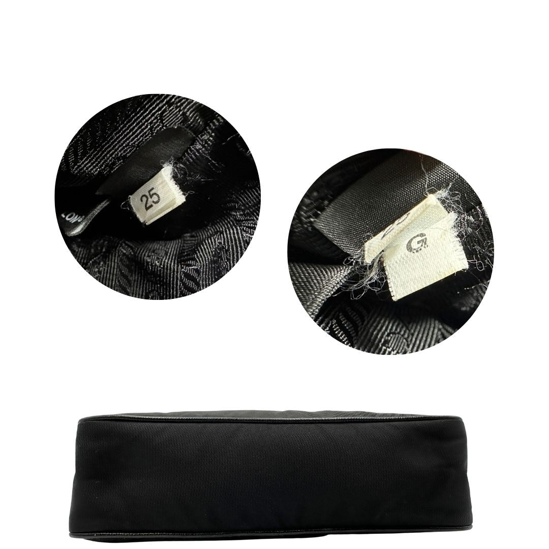 Base, Borsa Prada in re-nylon nero con finiture in pelle saffiano tono su tono; indossabile a spalla. Originale, usata, di lusso, in ottime condizioni.