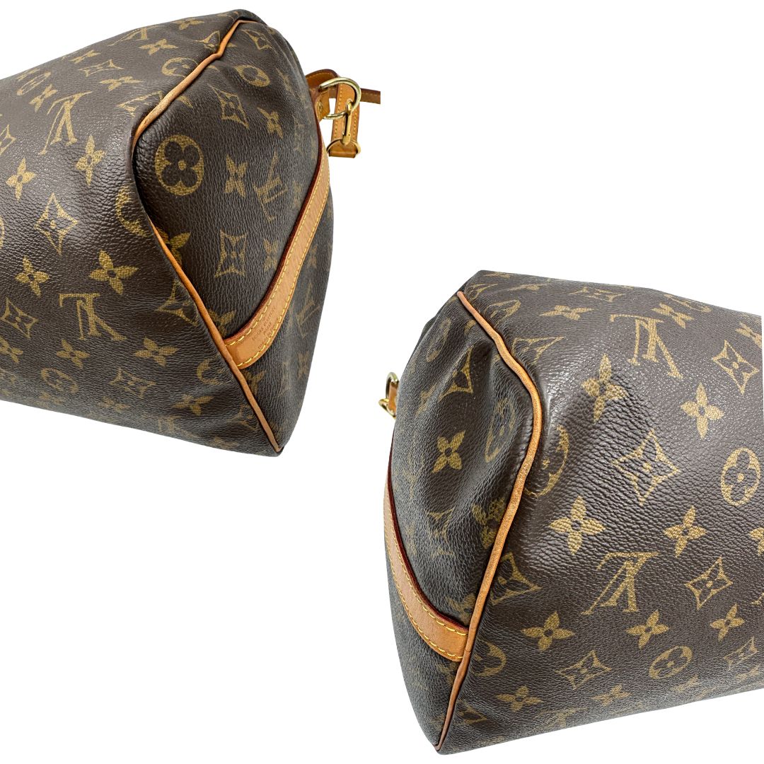 angoli  Speedy Louis Vuitton in canvas marrone, di lusso, originale, ottime condizioni, usata 