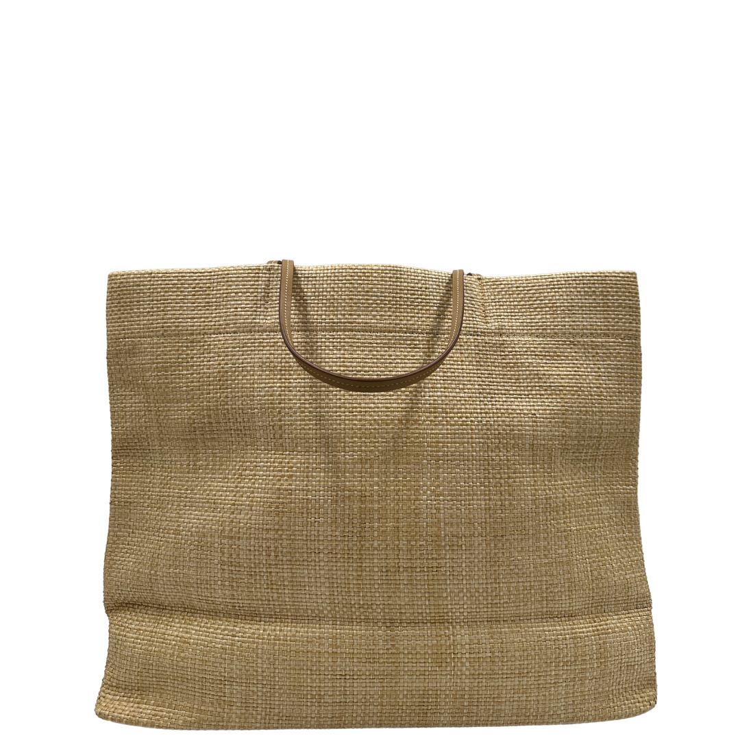 Retro, Elegante borsa tote Prada in rafia beige con manici sottili in pelle e il grande logo stampato sul davanti. Originale, usata, di lusso, in ottime condizioni.
