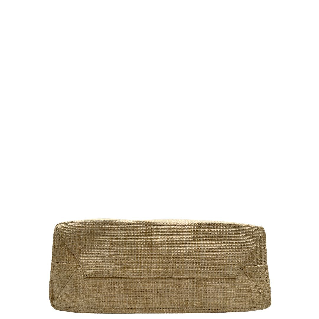 Base, Elegante borsa tote Prada in rafia beige con manici sottili in pelle e il grande logo stampato sul davanti. Originale, usata, di lusso, in ottime condizioni.