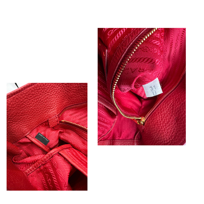 Codice, Borsa Prada in pelle martellata rossa, indossabile a mano e anche a tracolla. Originale, usata, di lusso, in ottime condizioni.