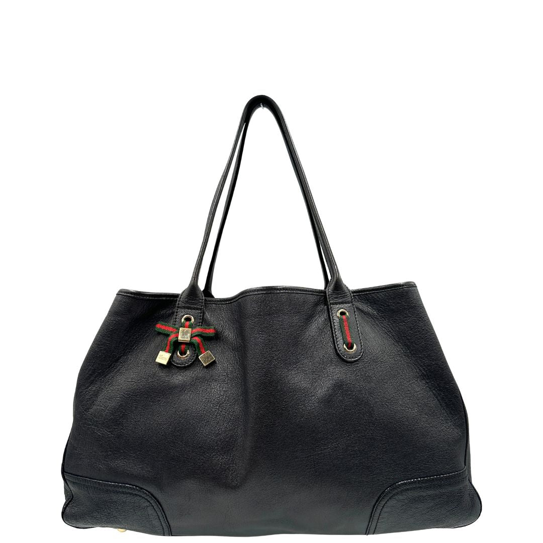 Borsa Gucci in pelle nera GG con dettagli Web verdi e rossi