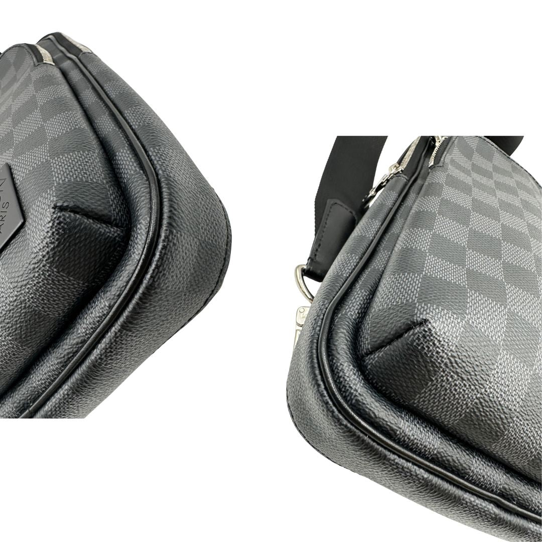 angoli zaino monospalla Avenue NM, realizzato in tela Damier Graphite, è impreziosito dal dettaglio in pelle con firma Louis Vuitton Paris sulla tasca anteriore.  