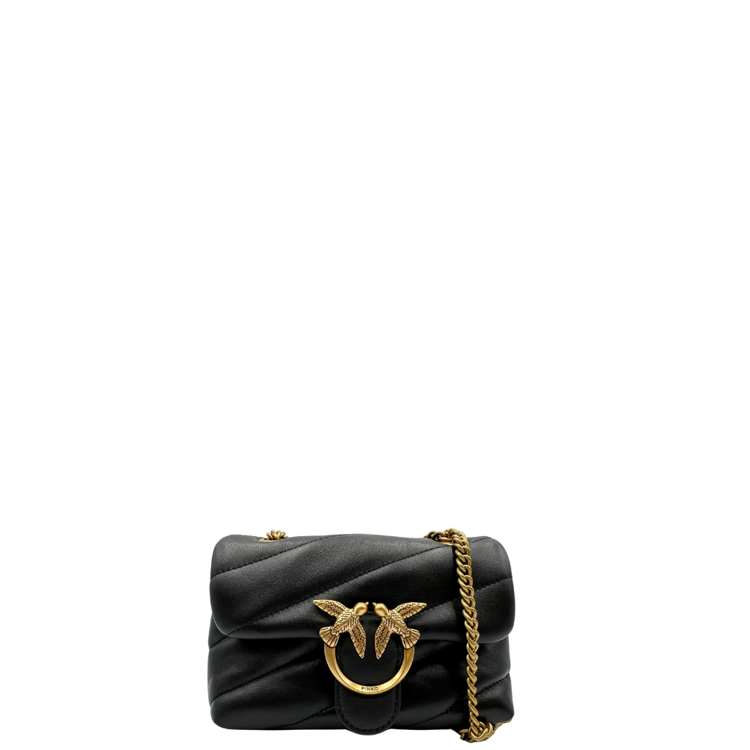 Front, Borsa Pinko nella versione media in morbida nappa nera trapuntata e hardware dorato, indossabile a tracolla o a spalla. Originale, usata, di lusso, in condizioni eccellenti