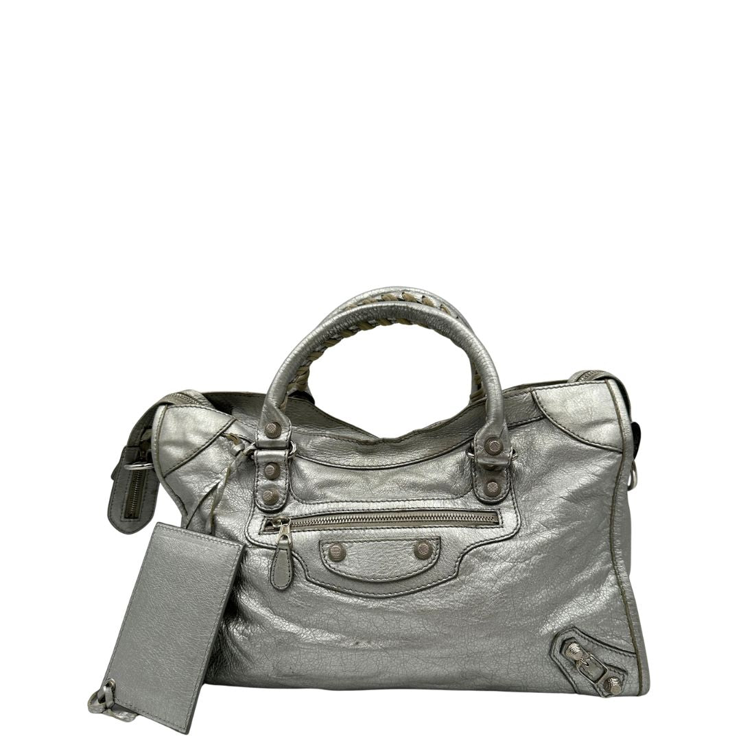 front Borsa Balenciaga City in pelle Arena argentata 