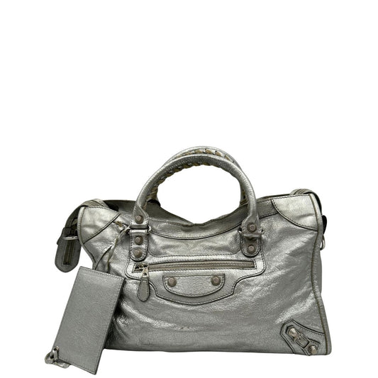 front Borsa Balenciaga City in pelle Arena argentata 