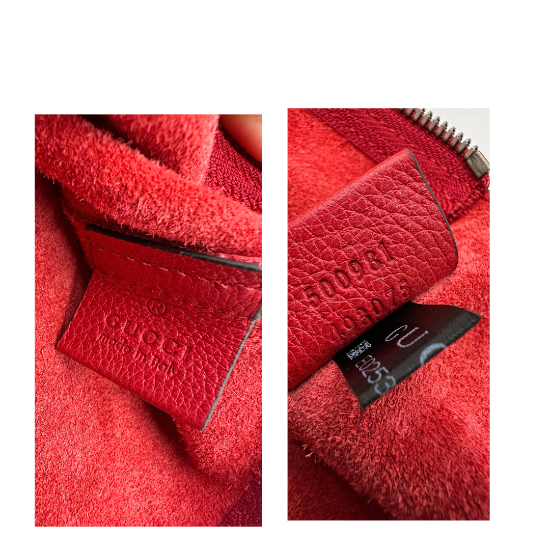 Codice, Pochette Gucci in pelle martellata rossa con logo sul front, da portare a mano. Originale,, usata, di lusso, in ottime condizioni.