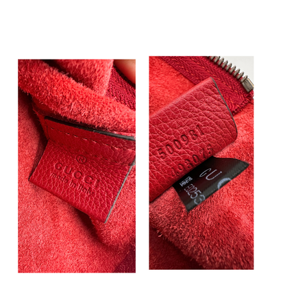 Codice, Pochette Gucci in pelle martellata rossa con logo sul front, da portare a mano. Originale,, usata, di lusso, in ottime condizioni.