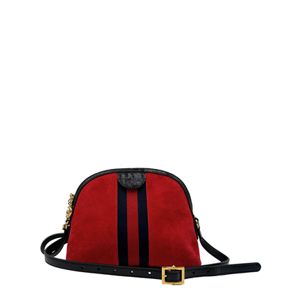 Retro, Borsa Gucci in pelle scamosciata color rosso con finiture in pelle verniciata nera, impreziosita da iconica striscia Web blu e rossa, indossabile a tracolla.